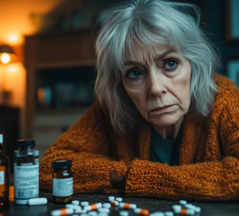 An elderly woman with a concerned expression surrounded by prescription medication bottles.