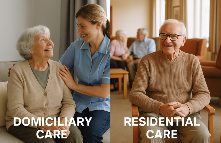 A care giver providing care at home an a gentleman in care home