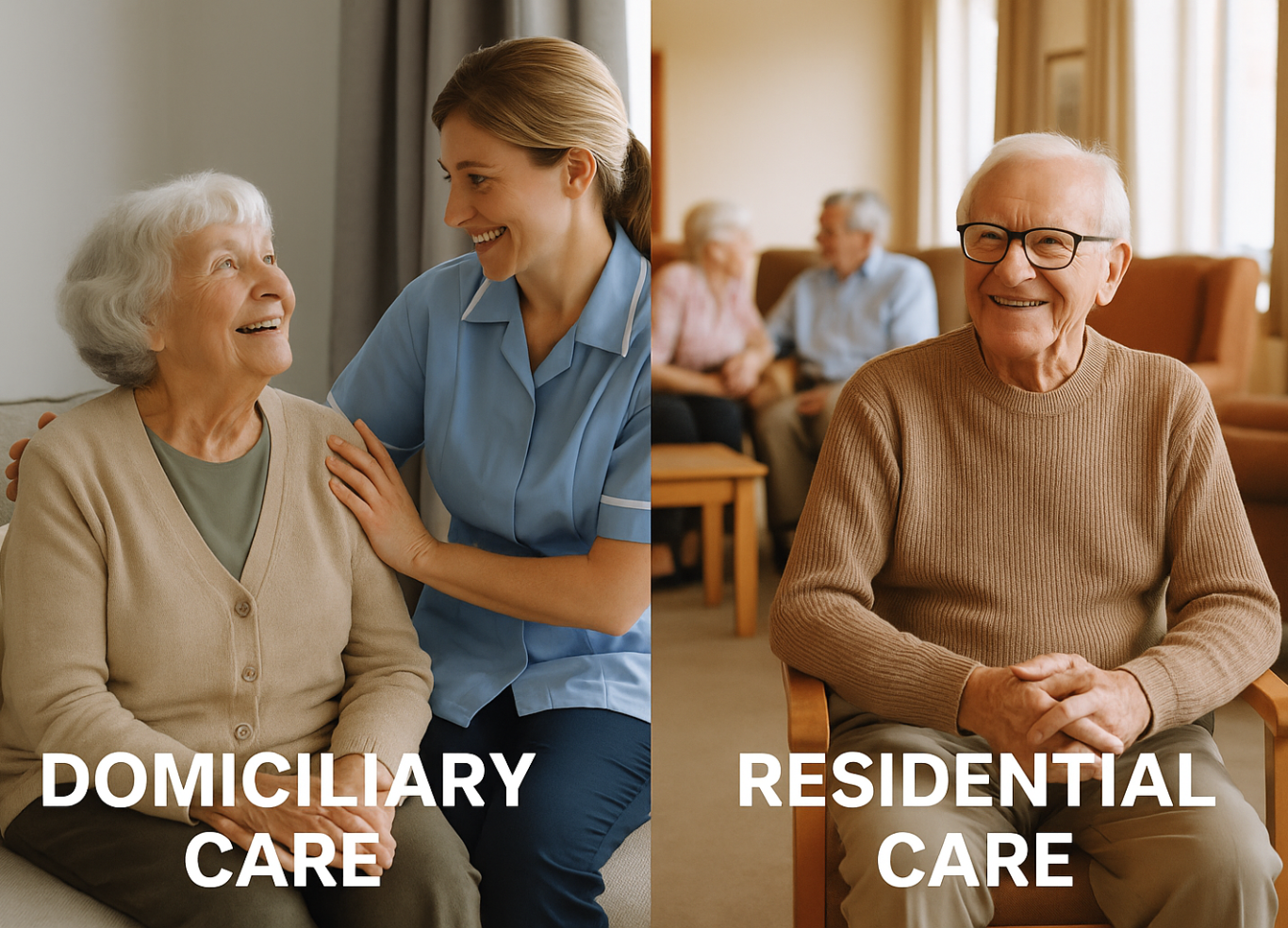 A home care giver assists an elderly woman; a man smiles in a care facility.