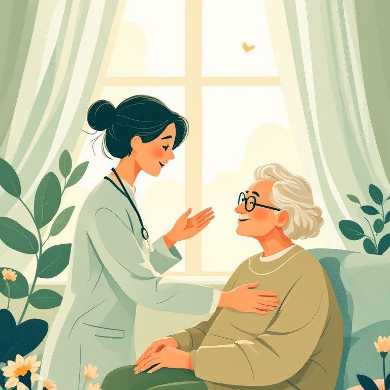 A nurse interacts warmly with an elderly patient in a bright room.