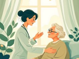 A Care Giver worker talks warmly with an elderly client in a bright, welcoming room.