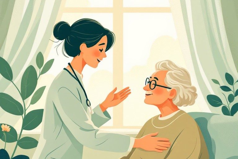 An at home care giver attentively converses with an elderly patient in a bright room.