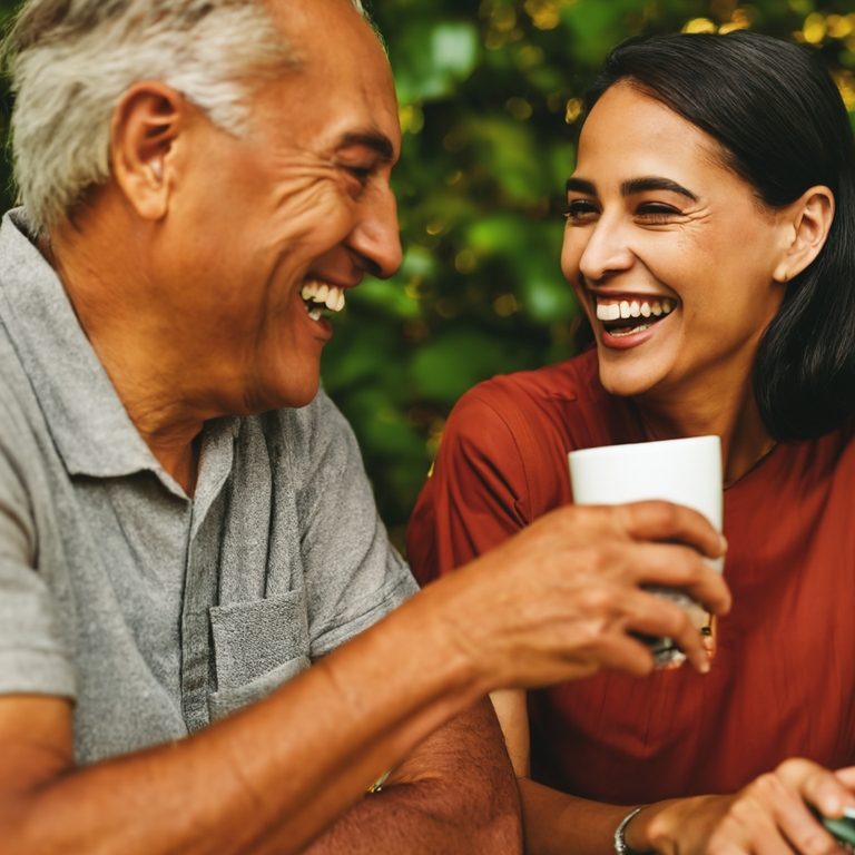 Smiling older man and woman enjoying a drink together in a natural setting.