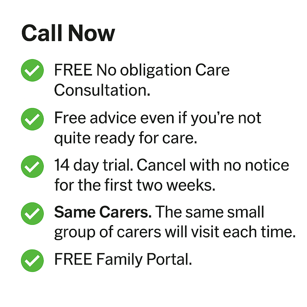 Information about a care consultation service, including free trial and consistent carers.