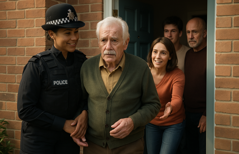 A police officer escorts an elderly man, while family members watch warmly.