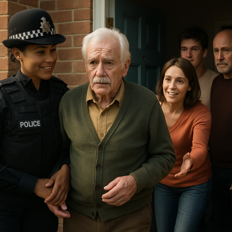 A police officer assists an elderly man reuniting him with his family.